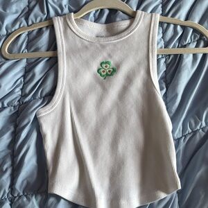 Aerie White Tank Top with Green Embroidery